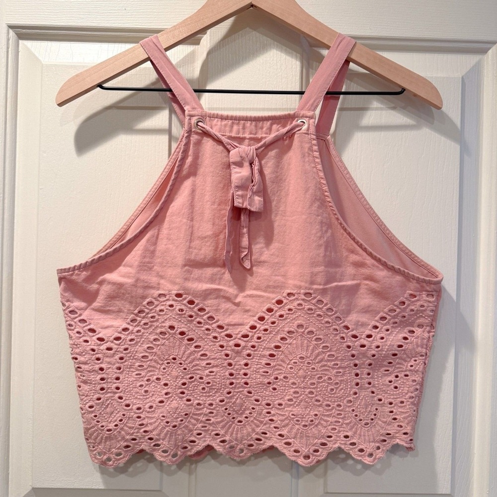 Abercrombie & Fitch L Scalloped Eyelet Halter Tie Cropped Tank 100% Cotton Lined - Picture 2 of 8